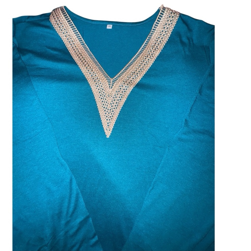 Turquoise V-Neck Tunic - Women’s XL Blouse | Flowing Boho Top - Picture 2 of 2
